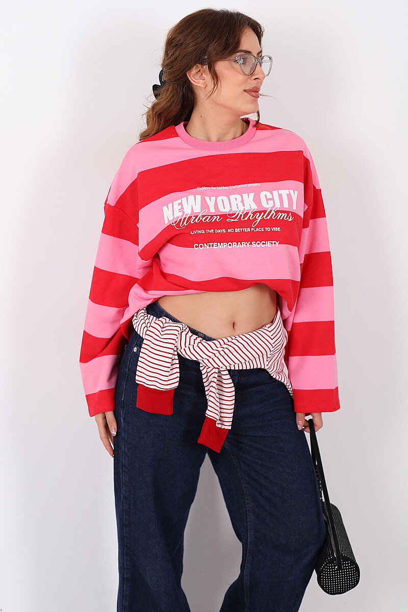 Yazı Baskılı Premium Pembe Kadın Çizgili Sweatshirt - 4