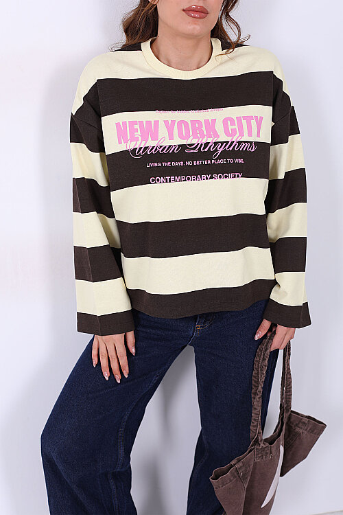Yazı Baskılı Premium Sarı Kadın Çizgili Sweatshirt - Berox (1)