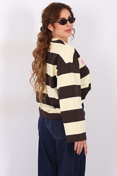 Yazı Baskılı Premium Sarı Kadın Çizgili Sweatshirt - 5