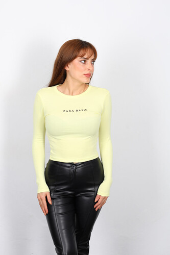 Yazı Baskılı Sarı Kadın Crop Bluz - 2