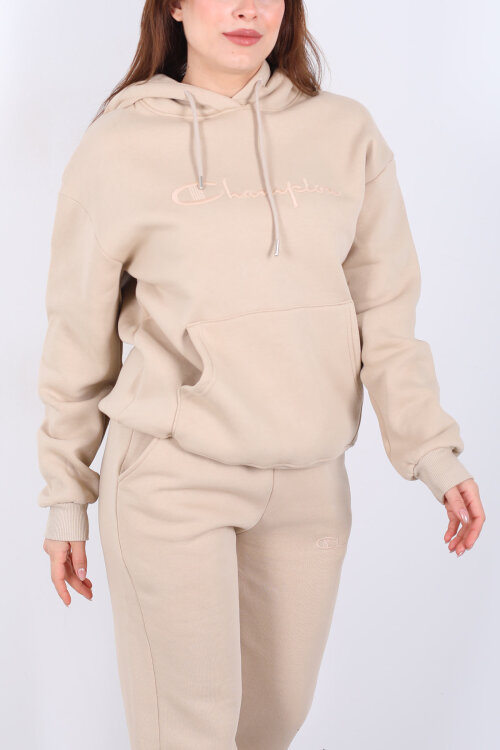 Yazı Nakışlı Kanguru Cepli Bej Kadın Üç İplik Eşofman Takım - Berox (1)