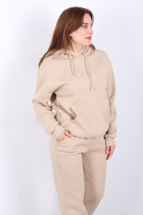Yazı Nakışlı Kanguru Cepli Bej Kadın Üç İplik Eşofman Takım - 3