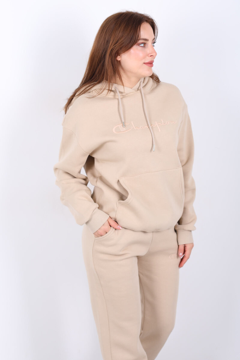 Yazı Nakışlı Kanguru Cepli Bej Kadın Üç İplik Eşofman Takım - 3