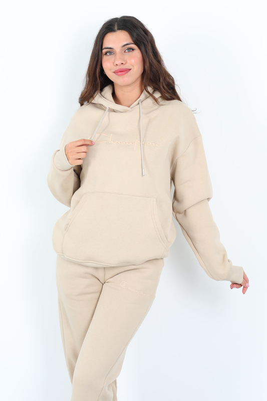 Yazı Nakışlı Kanguru Cepli Bej Kadın Üç İplik Eşofman Takımı - 2
