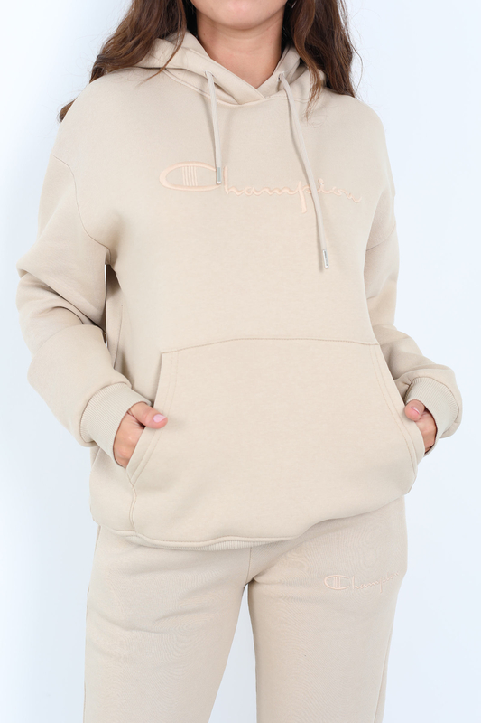 Yazı Nakışlı Kanguru Cepli Bej Kadın Üç İplik Eşofman Takımı - 3