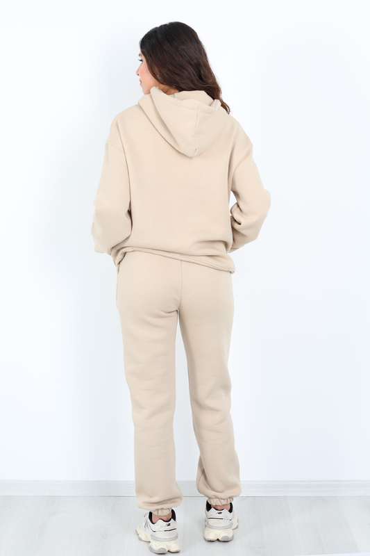 Yazı Nakışlı Kanguru Cepli Bej Kadın Üç İplik Eşofman Takımı - 4