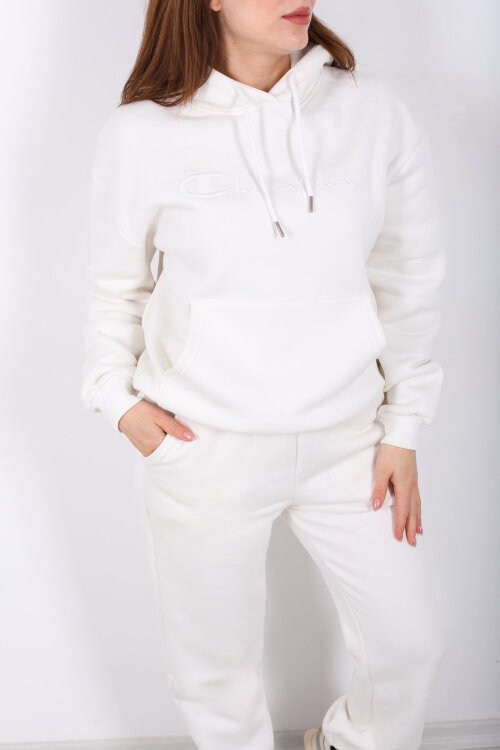 Yazı Nakışlı Kanguru Cepli Beyaz Kadın Üç İplik Eşofman Takım - Berox (1)