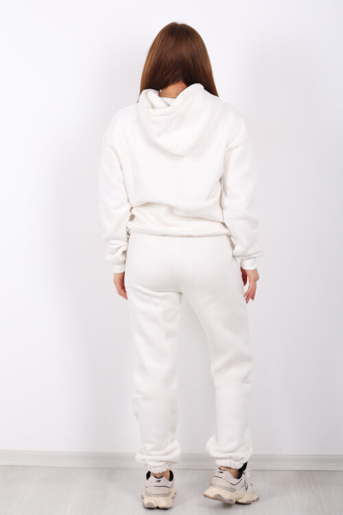 Yazı Nakışlı Kanguru Cepli Beyaz Kadın Üç İplik Eşofman Takım - 6