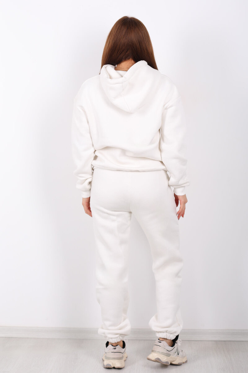 Yazı Nakışlı Kanguru Cepli Beyaz Kadın Üç İplik Eşofman Takım - 6