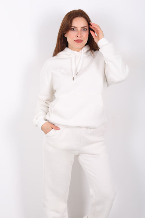 Yazı Nakışlı Kanguru Cepli Beyaz Kadın Üç İplik Eşofman Takım - Berox