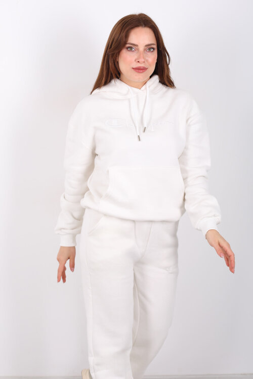 Yazı Nakışlı Kanguru Cepli Beyaz Kadın Üç İplik Eşofman Takım - 4