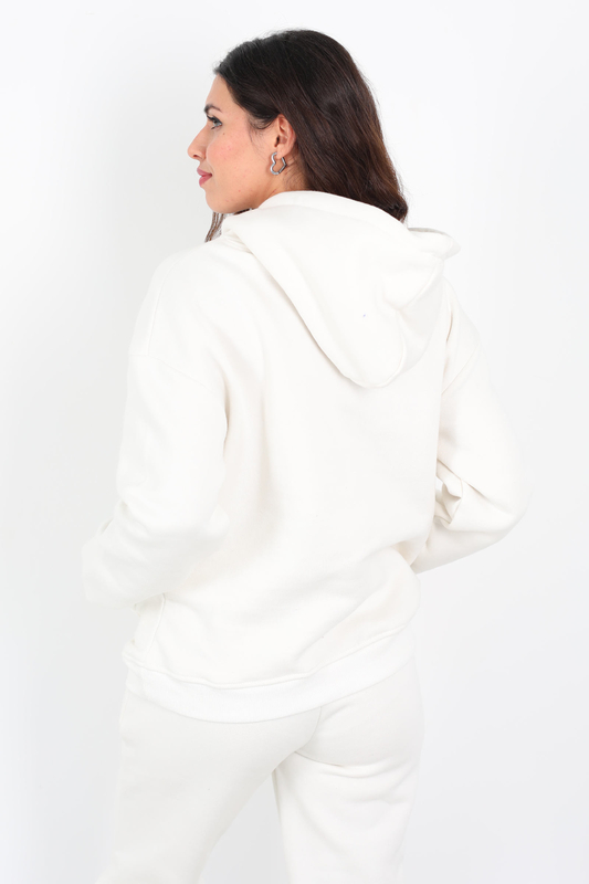 Yazı Nakışlı Kanguru Cepli Beyaz Kadın Üç İplik Eşofman Takımı - 4