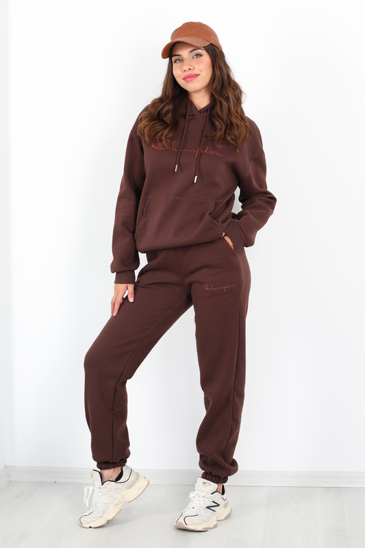 Yazı Nakışlı Kanguru Cepli Kahverengi Kadın Üç İplik Eşofman Takımı - 2