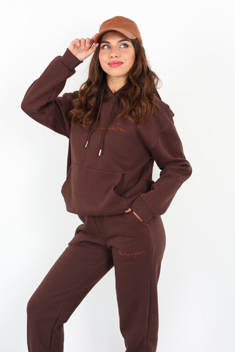 Yazı Nakışlı Kanguru Cepli Kahverengi Kadın Üç İplik Eşofman Takımı - 3