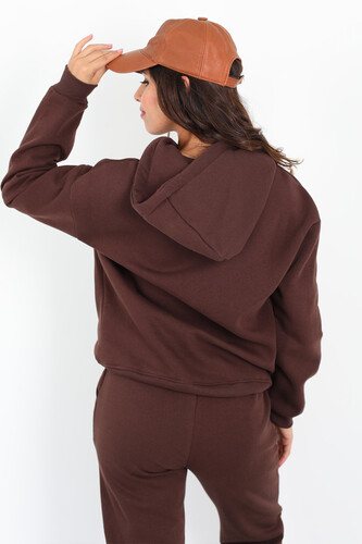 Yazı Nakışlı Kanguru Cepli Kahverengi Kadın Üç İplik Eşofman Takımı - 4