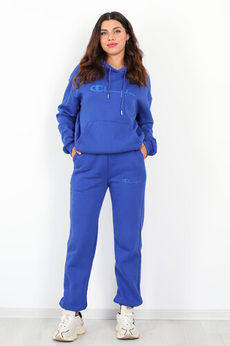Yazı Nakışlı Kanguru Cepli Saks Mavisi Kadın Üç İplik Eşofman Takımı - Berox