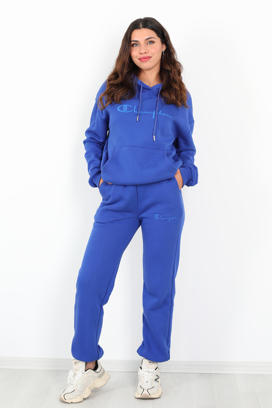 Yazı Nakışlı Kanguru Cepli Saks Mavisi Kadın Üç İplik Eşofman Takımı - 2