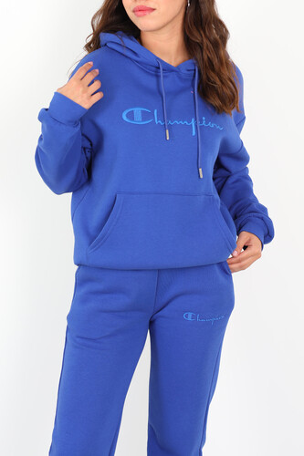 Yazı Nakışlı Kanguru Cepli Saks Mavisi Kadın Üç İplik Eşofman Takımı - 3