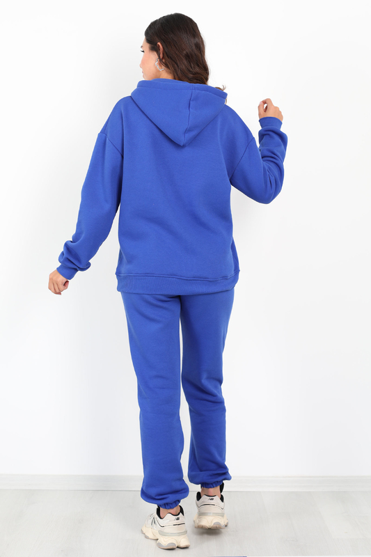 Yazı Nakışlı Kanguru Cepli Saks Mavisi Kadın Üç İplik Eşofman Takımı - 4