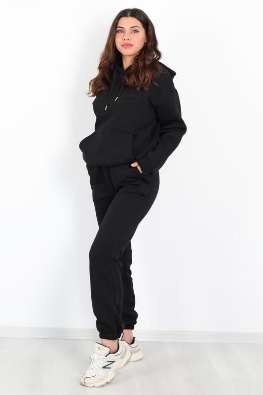 Yazı Nakışlı Kanguru Cepli Siyah Kadın Üç İplik Eşofman Takımı - 2