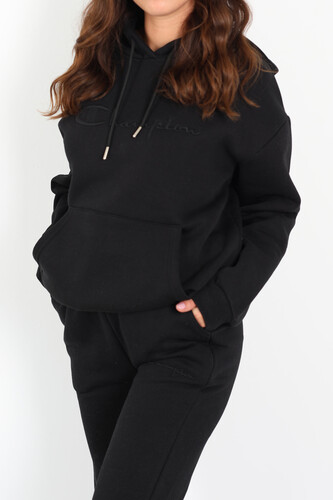 Yazı Nakışlı Kanguru Cepli Siyah Kadın Üç İplik Eşofman Takımı - 3