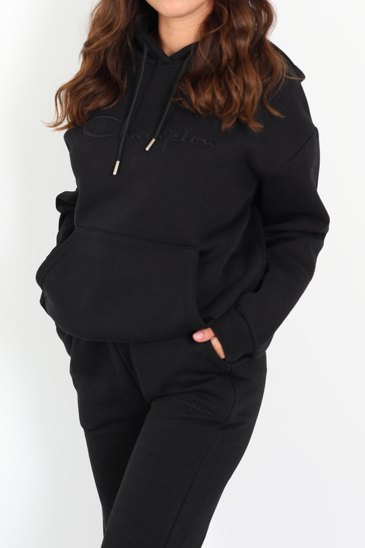 Yazı Nakışlı Kanguru Cepli Siyah Kadın Üç İplik Eşofman Takımı - 3