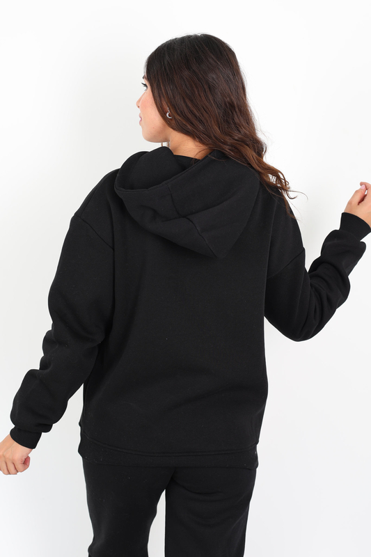 Yazı Nakışlı Kanguru Cepli Siyah Kadın Üç İplik Eşofman Takımı - 4