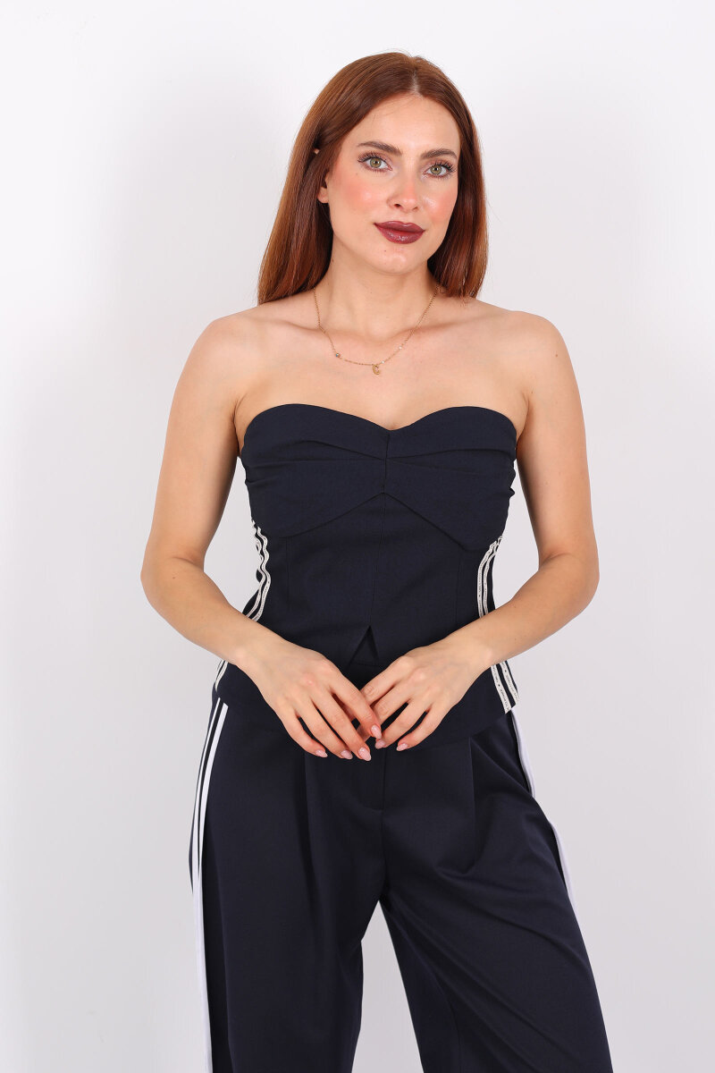 Yazı Şerit Detaylı Lacivert Kadın Straplez Bluz - 1