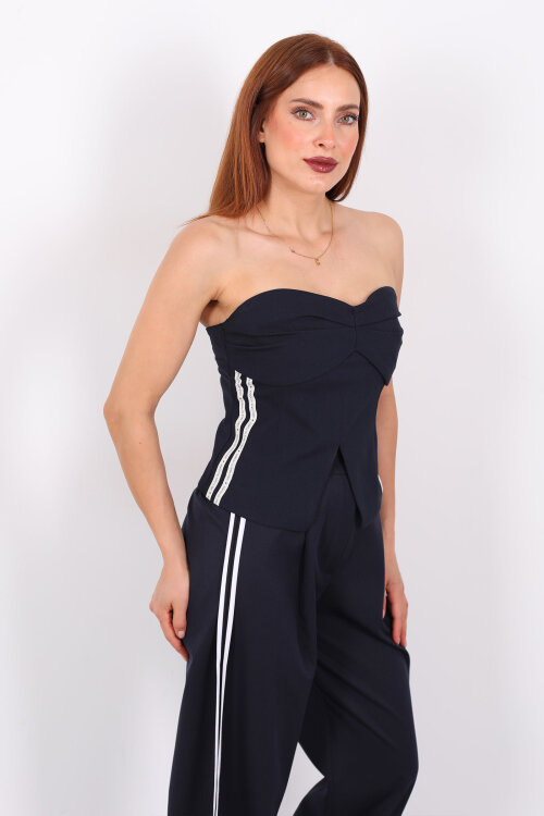 Yazı Şerit Detaylı Lacivert Kadın Straplez Bluz - 3