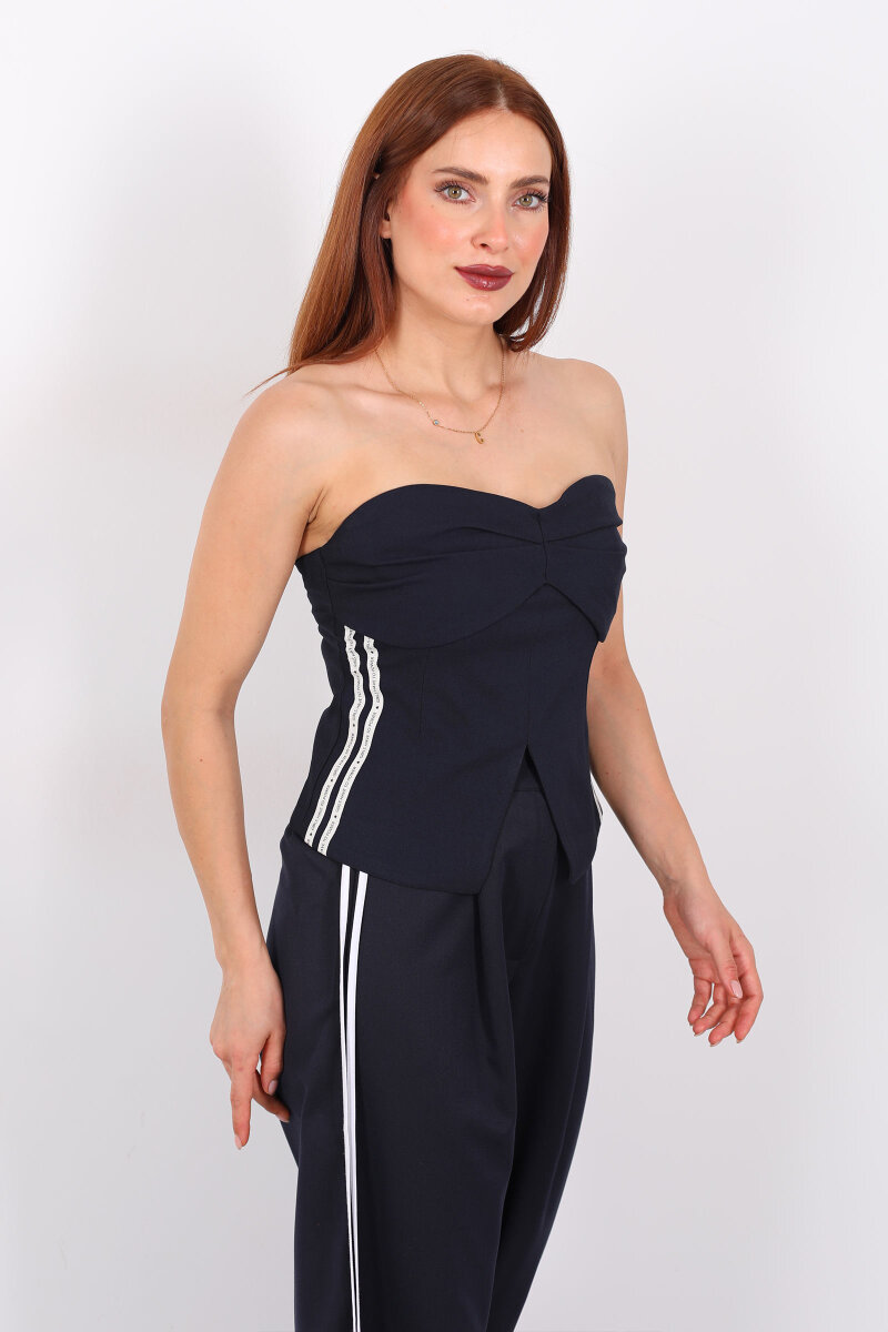 Yazı Şerit Detaylı Lacivert Kadın Straplez Bluz - 6