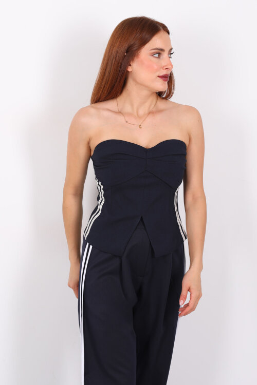 Yazı Şerit Detaylı Lacivert Kadın Straplez Bluz - 4