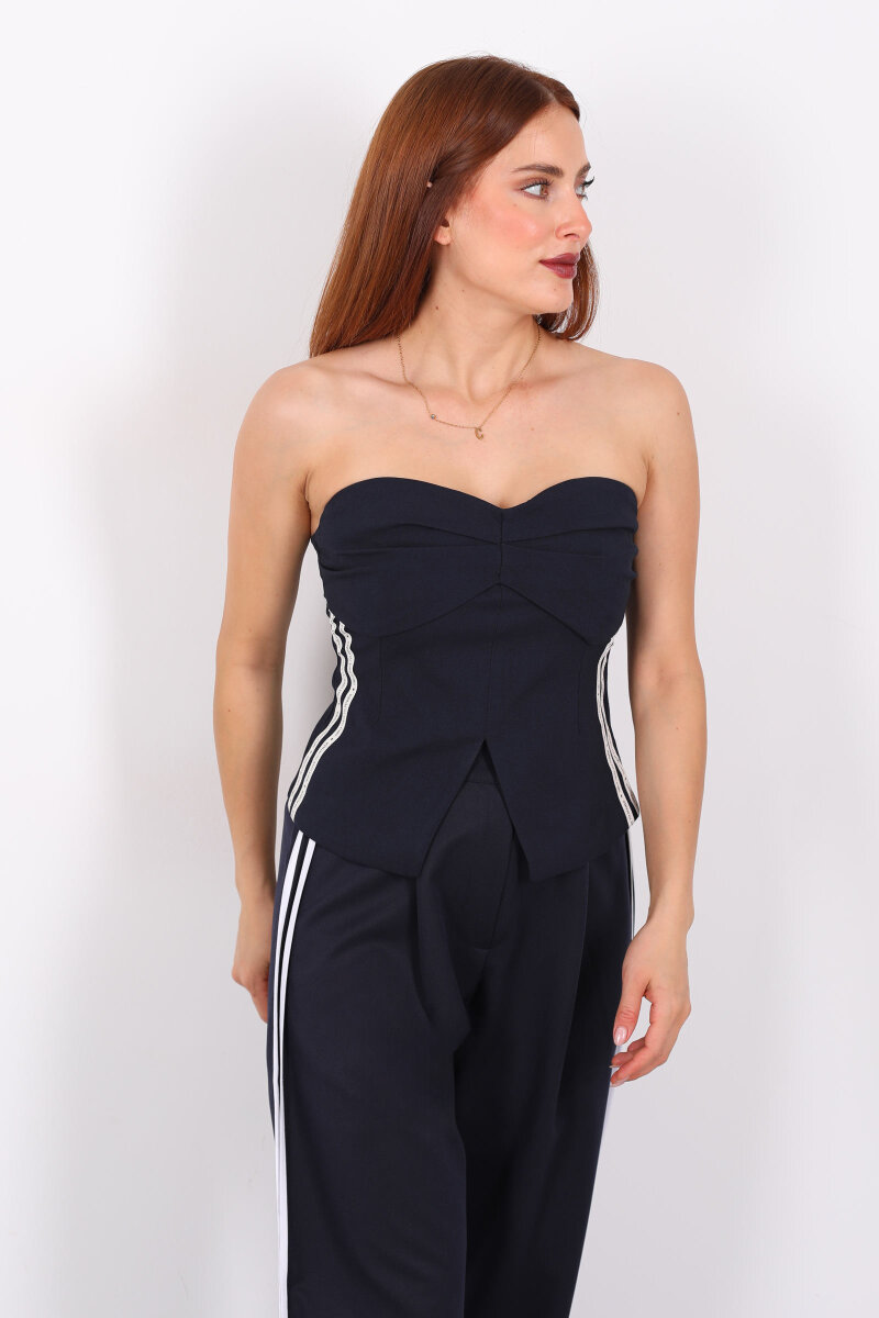 Yazı Şerit Detaylı Lacivert Kadın Straplez Bluz - 4