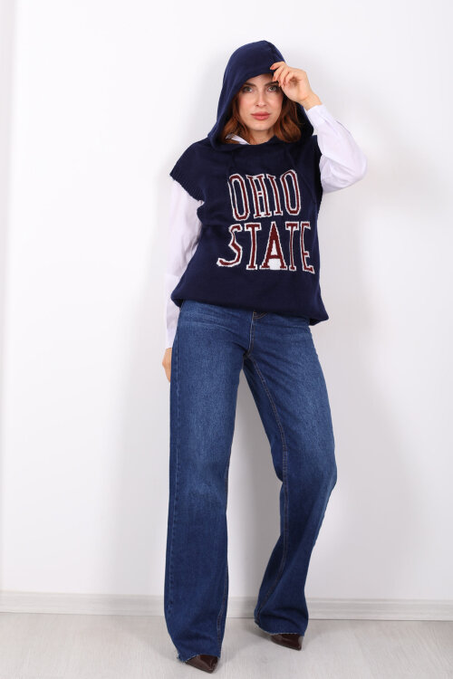 Yazı Sloganlı Kapüşonlu Lacivert Kadın Süveter - 6