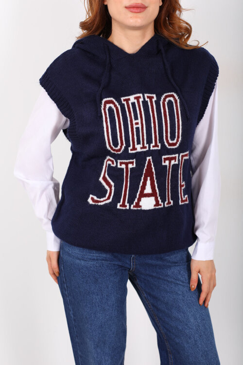 Yazı Sloganlı Kapüşonlu Lacivert Kadın Süveter - 4