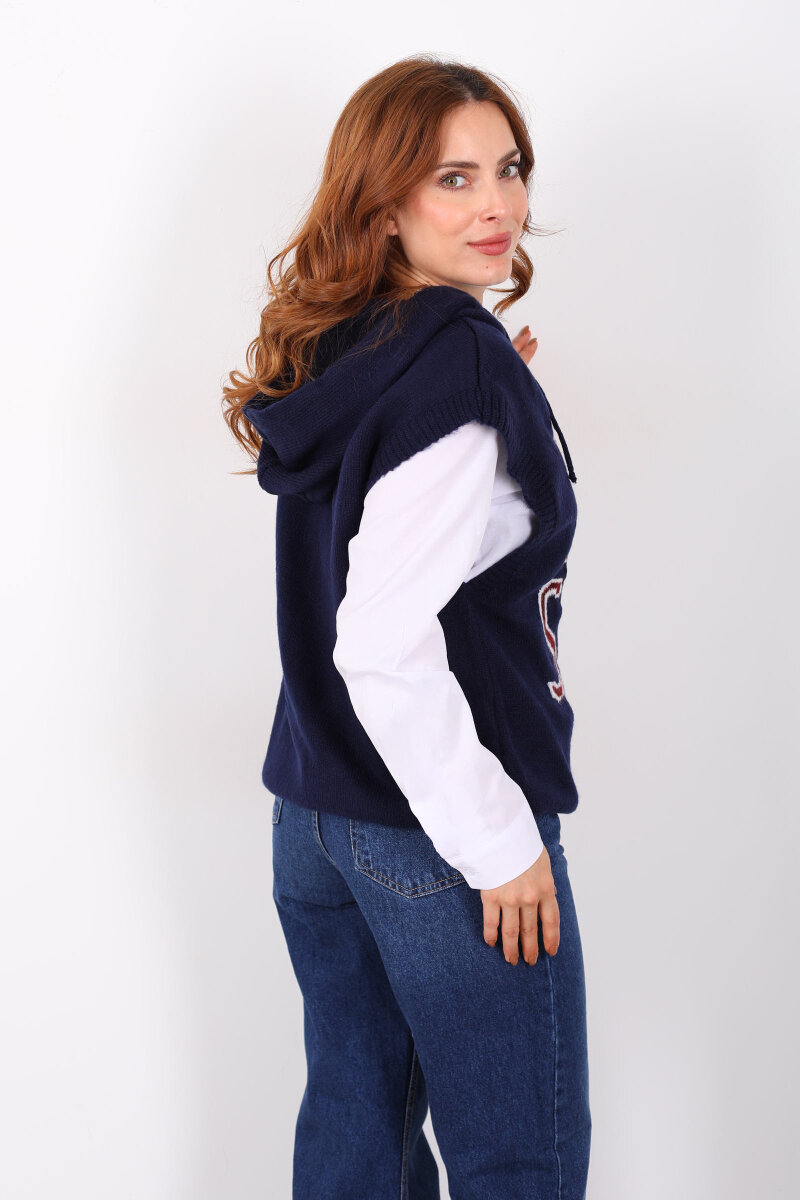 Yazı Sloganlı Kapüşonlu Lacivert Kadın Süveter - 5