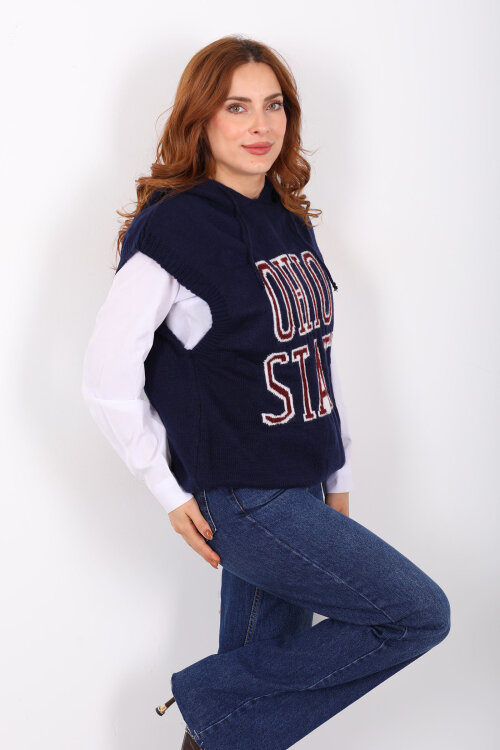 Yazı Sloganlı Kapüşonlu Lacivert Kadın Süveter - 3