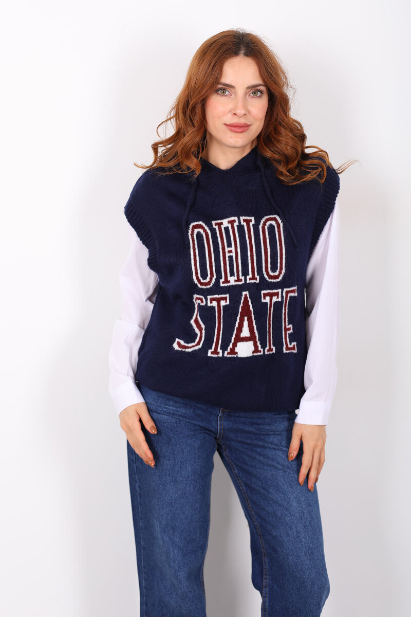 Yazı Sloganlı Kapüşonlu Lacivert Kadın Süveter - 1