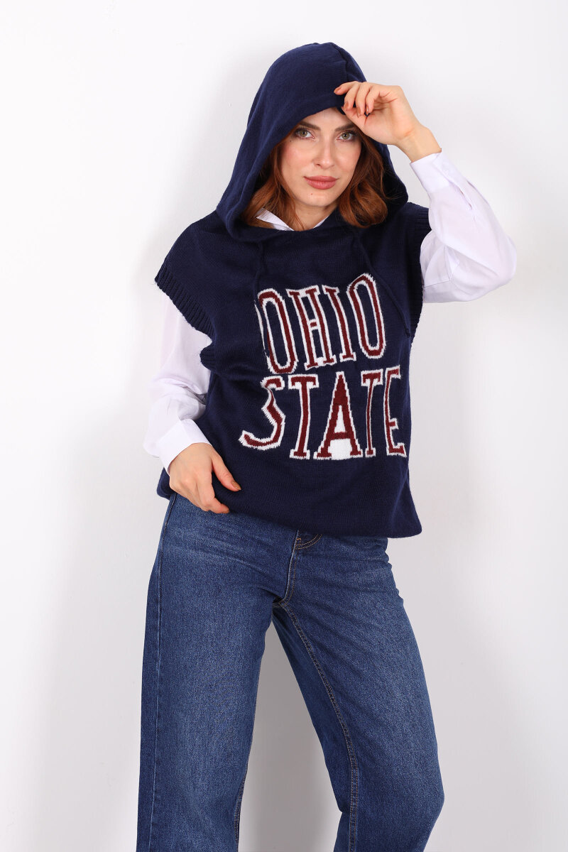 Yazı Sloganlı Kapüşonlu Lacivert Kadın Süveter - 2