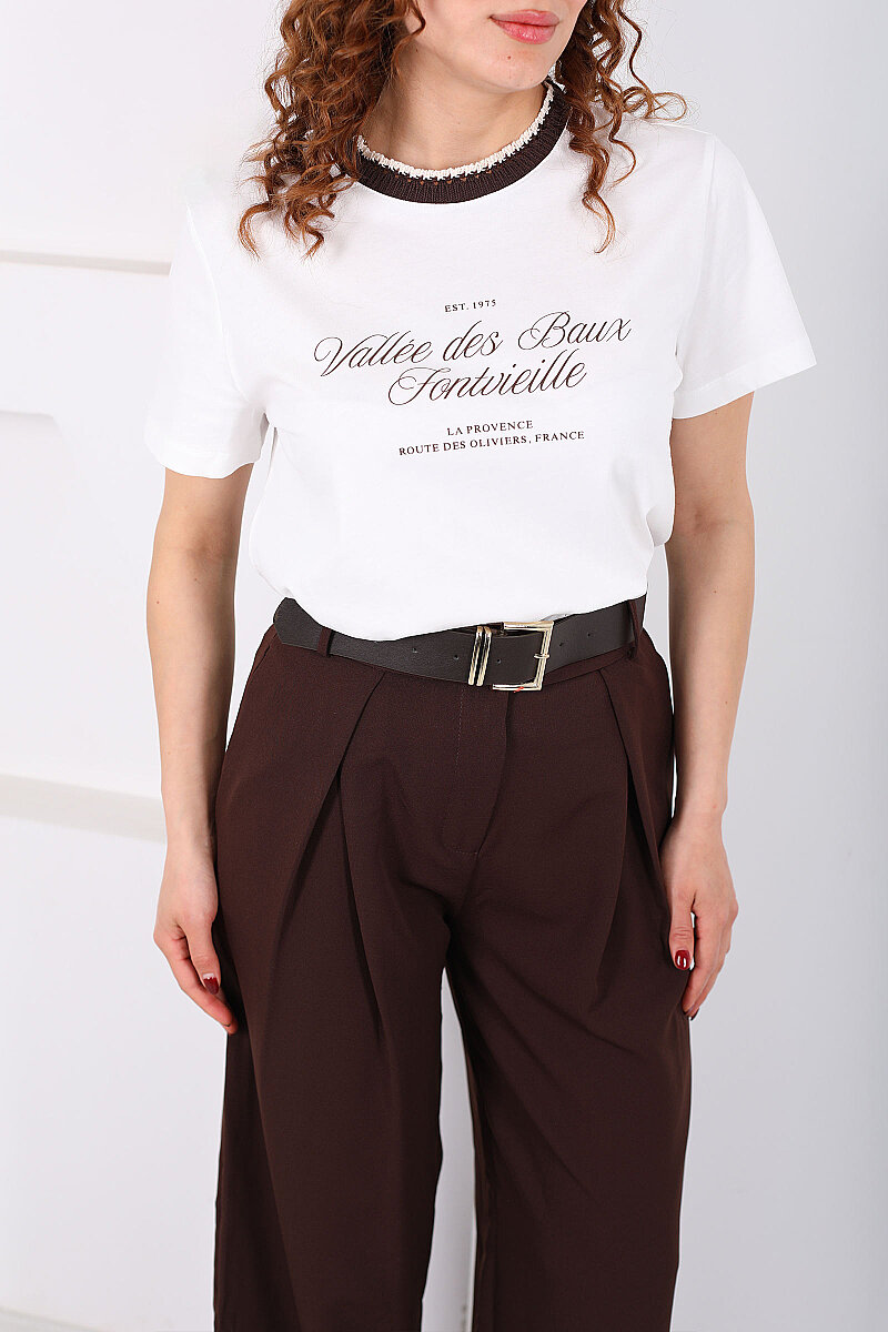 Yazılı Ve Yaka Örgülü Kadın Beyaz T-Shirt - 2