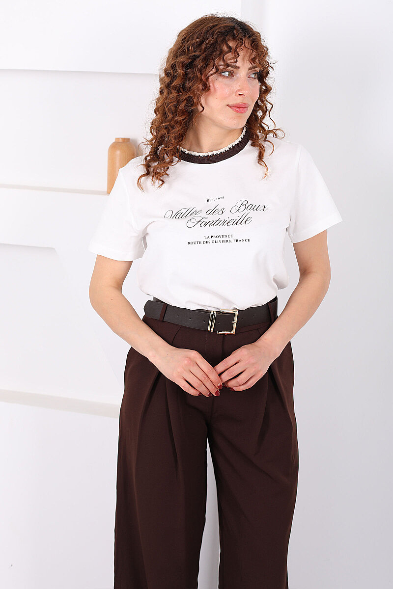 Yazılı Ve Yaka Örgülü Kadın Beyaz T-Shirt - 3