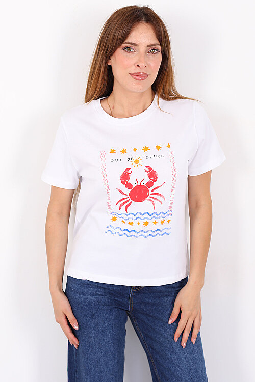 Yengeç Baskılı Beyaz Kadın T-Shirt - 5