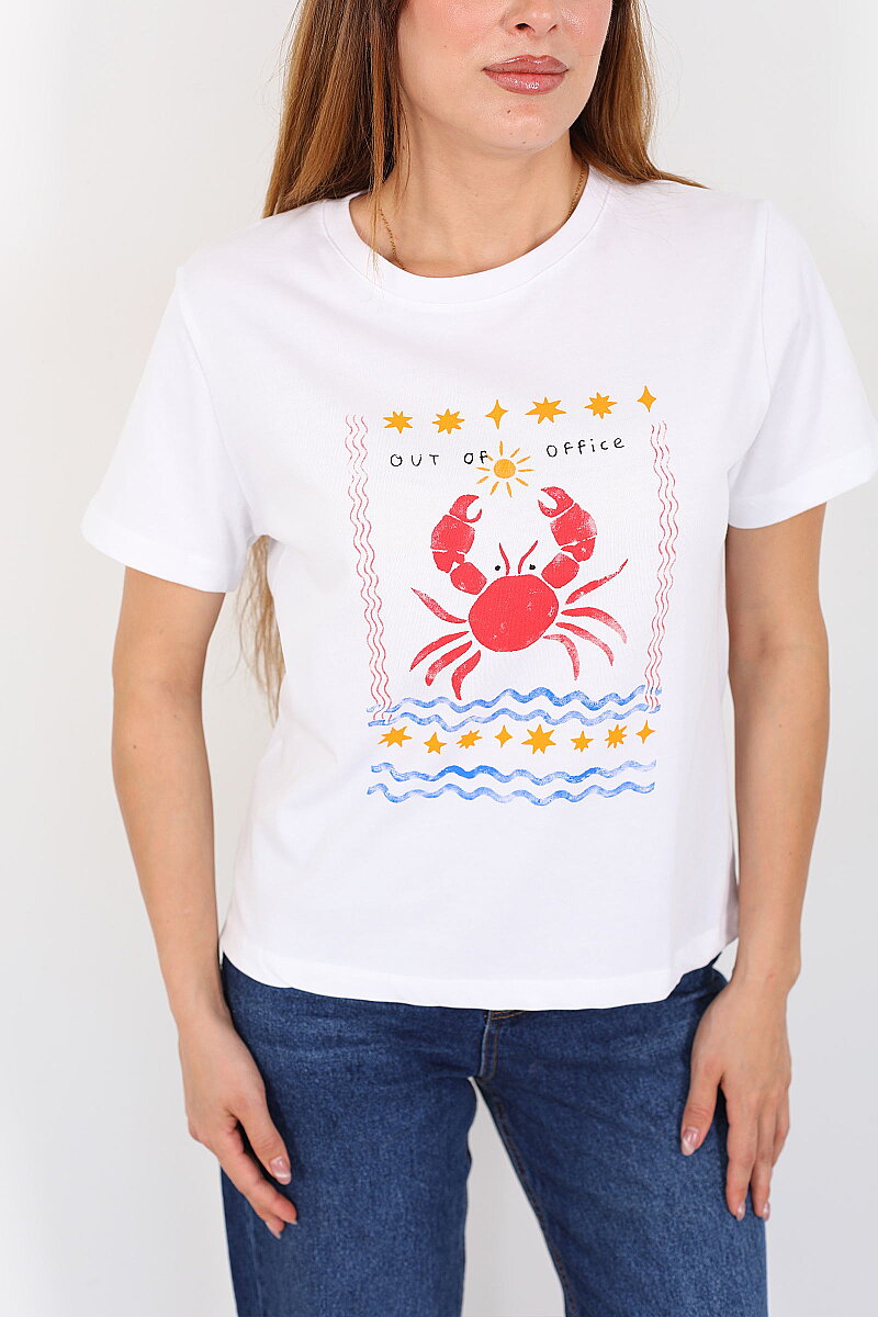 Yengeç Baskılı Beyaz Kadın T-Shirt - 2
