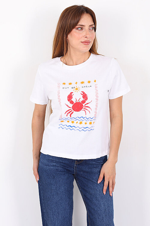 Yengeç Baskılı Beyaz Kadın T-Shirt - 3