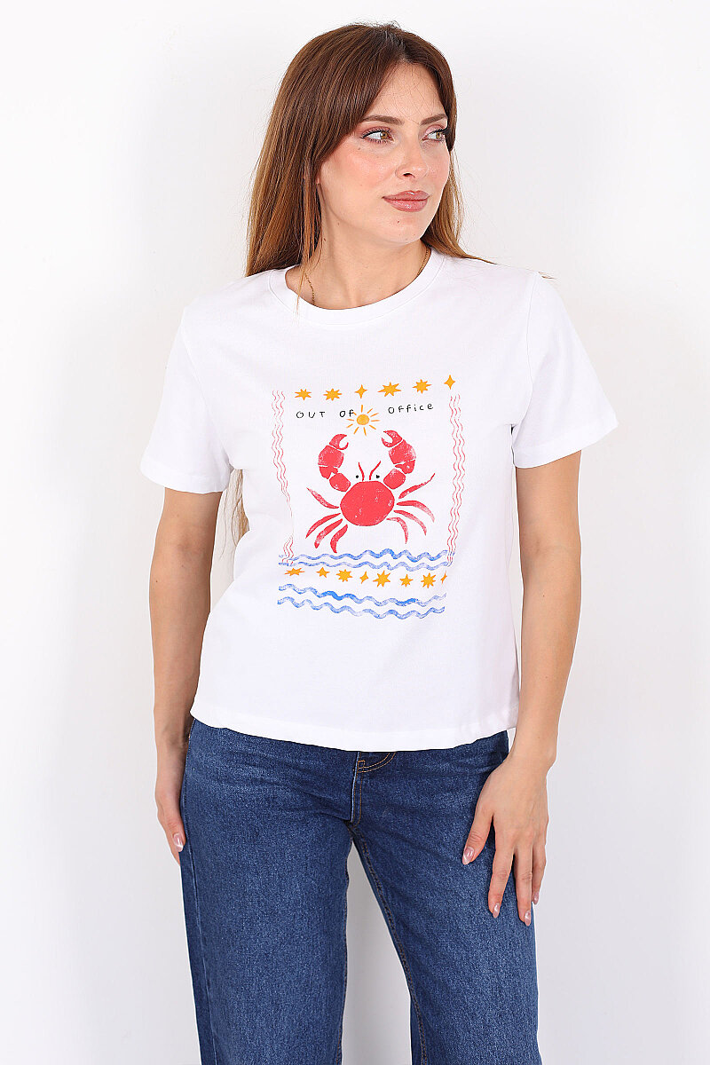 Yengeç Baskılı Beyaz Kadın T-Shirt - 3