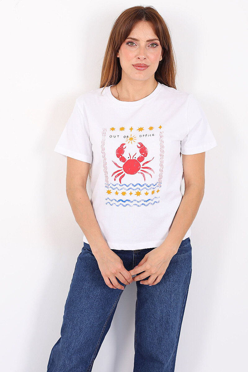 Yengeç Baskılı Beyaz Kadın T-Shirt - 1