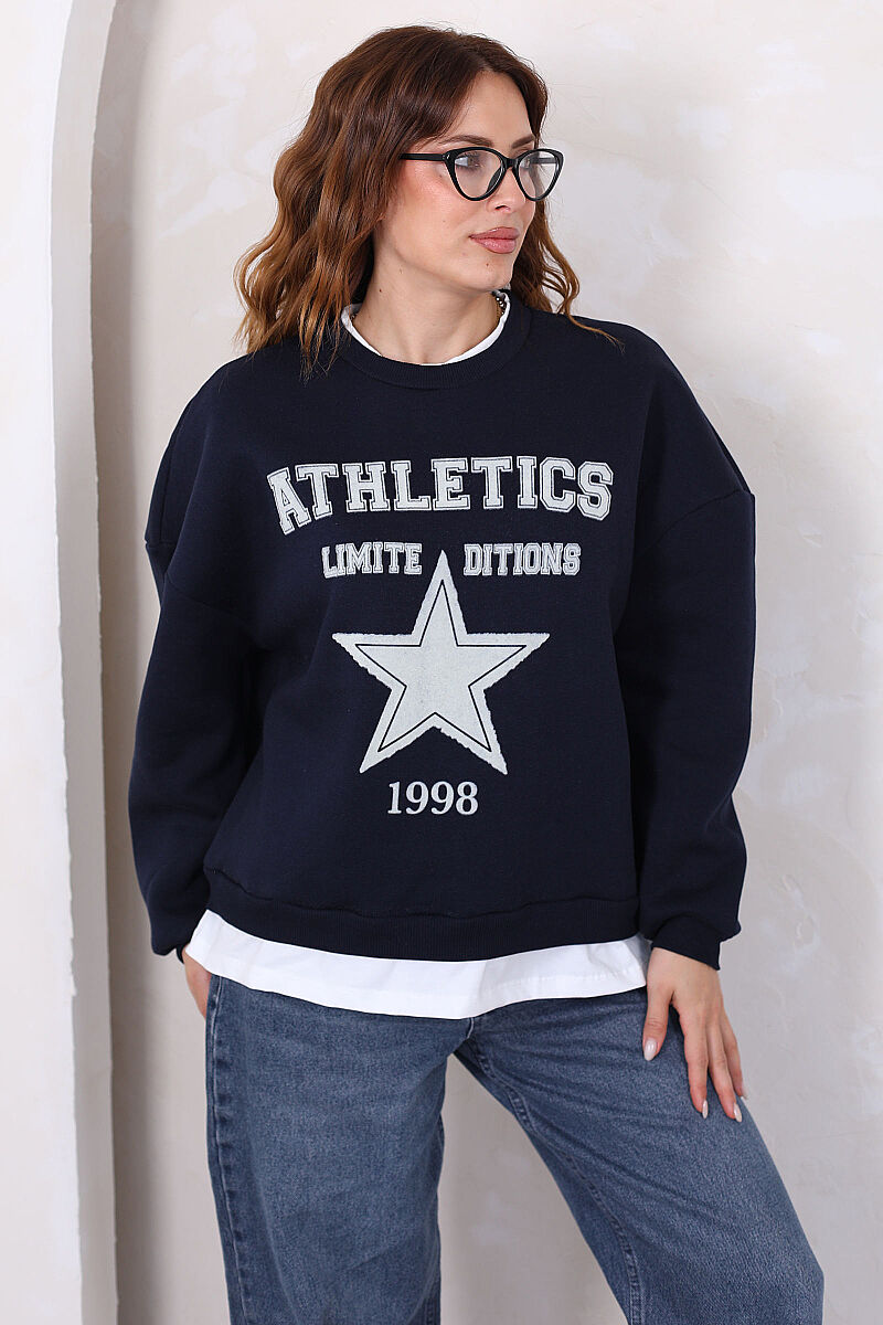 Yıldız Baskılı İki Parça Görünümlü Lacivert Kadın Sweatshirt - 1