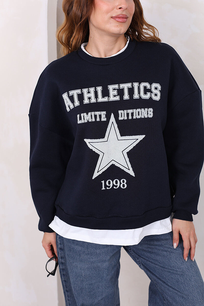 Yıldız Baskılı İki Parça Görünümlü Lacivert Kadın Sweatshirt - 2