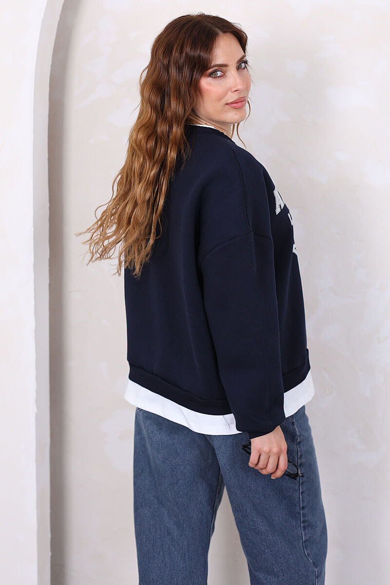Yıldız Baskılı İki Parça Görünümlü Lacivert Kadın Sweatshirt - 5