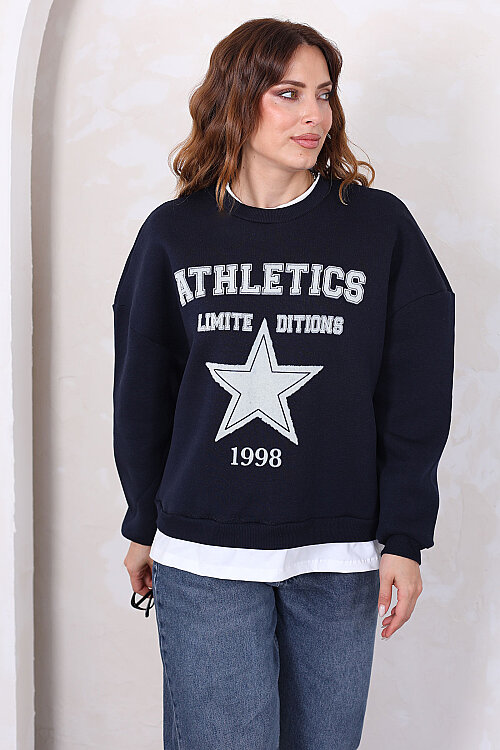 Yıldız Baskılı İki Parça Görünümlü Lacivert Kadın Sweatshirt - 4