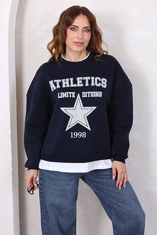 Yıldız Baskılı İki Parça Görünümlü Lacivert Kadın Sweatshirt - 3